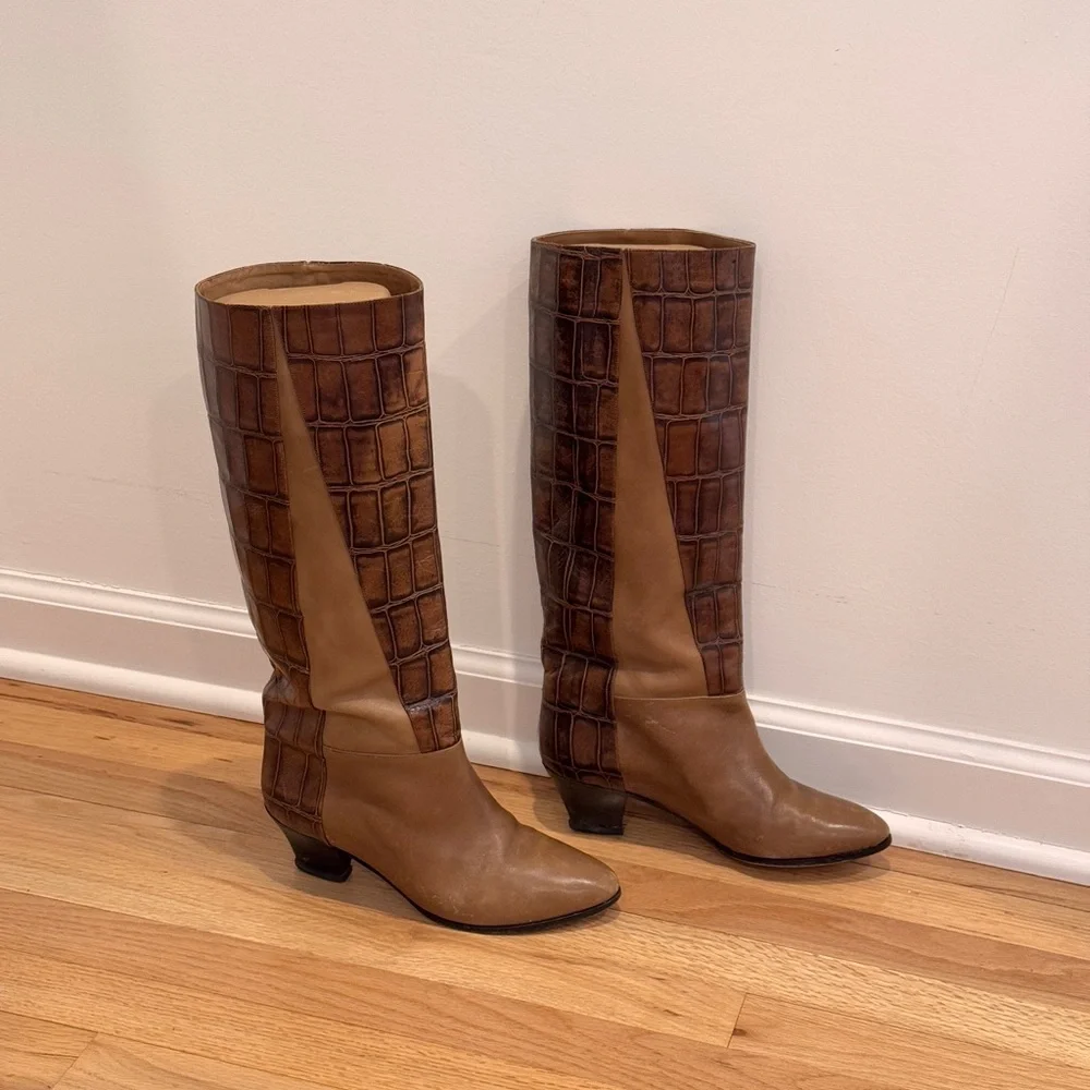 Vintage‎ Giuliano ai Firenze Tall Boots Brown Leather Croc Print Size 8M